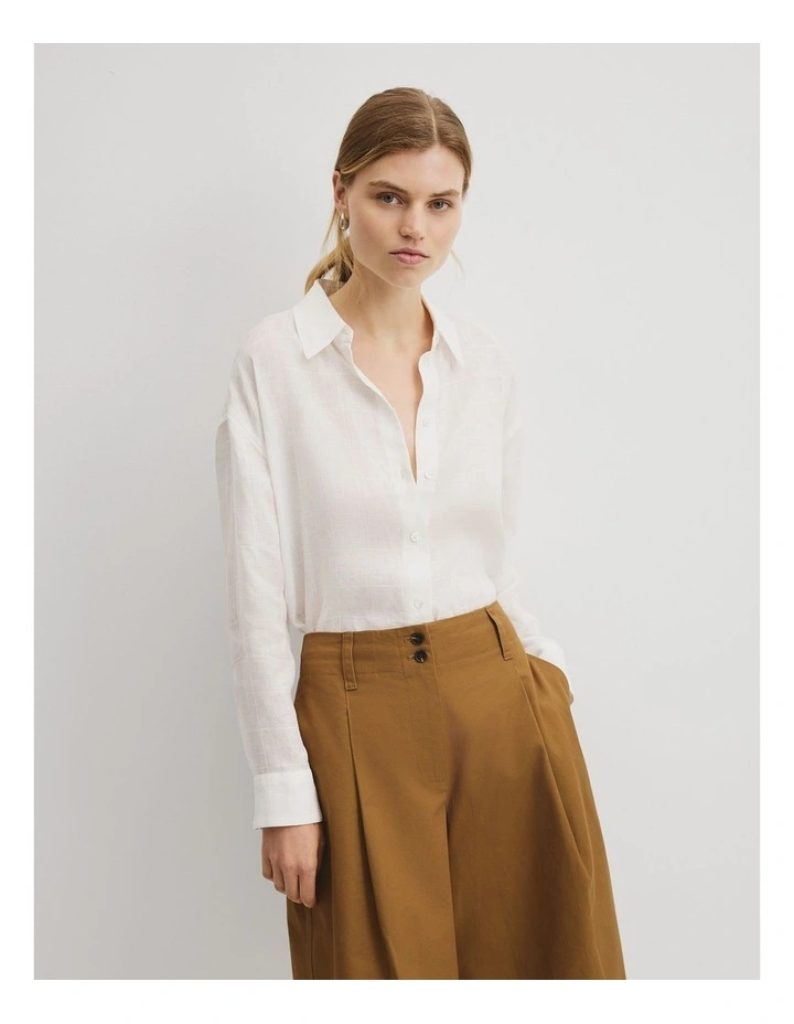 Relaxed Long Sleeve Linen Shirt in White image 1