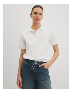Drawcord Pique Polo in Antique White