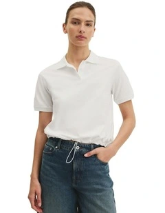 Drawcord Pique Polo in Antique White