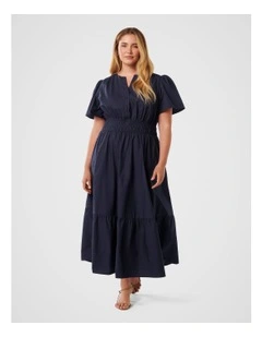 Eleanor Puff Sleeves Tiered Midi Dress in Blue