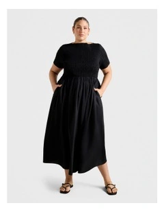 Meera Boat Neck Shirred Midi Dress in Black