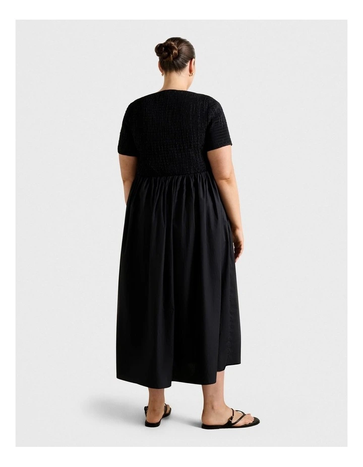 Meera Boat Neck Shirred Midi Dress in Black image 2