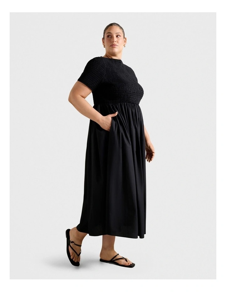 Meera Boat Neck Shirred Midi Dress in Black image 3
