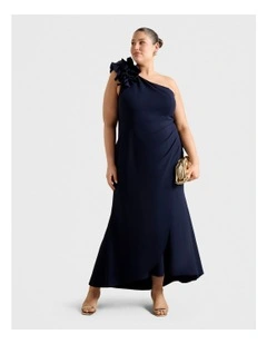 Leanne One Shoulder Ruffle Dress in Navy