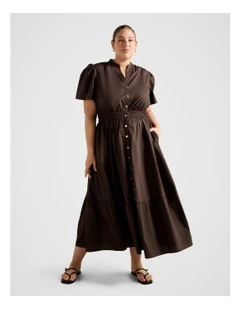 Eleanor Button Down Midi Dress in Brown