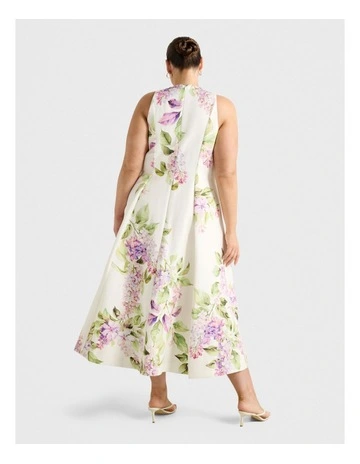 Sophia High Neck Printed Midi Dress in Cream