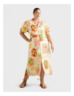 Sophie Puff Sleeves Midi Dress in Multi