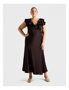 Zabrina Ruffle Satin Dress in Brown