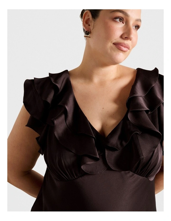 Zabrina Ruffle Satin Dress in Brown image 4