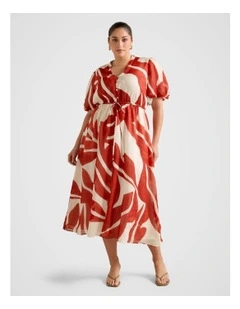Sophie Puff Sleeves Midi Dress in Brown