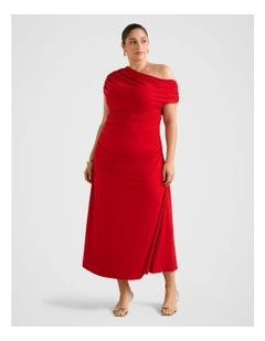 Eris Drape Asymmetrical Crepe Midi Dress in Red