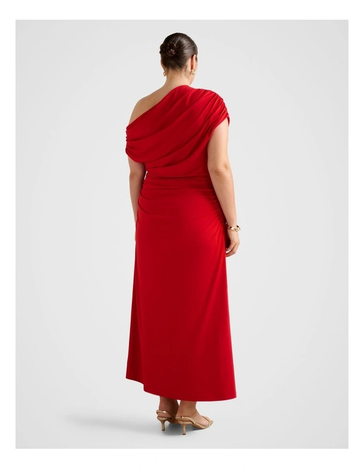 Eris Drape Asymmetrical Crepe Midi Dress in Red image 2