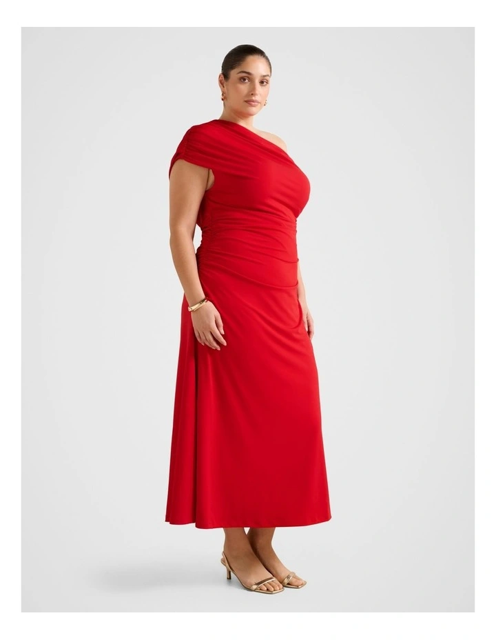 Eris Drape Asymmetrical Crepe Midi Dress in Red image 3