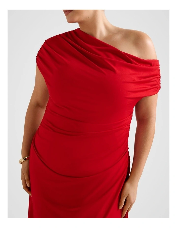 Eris Drape Asymmetrical Crepe Midi Dress in Red image 4