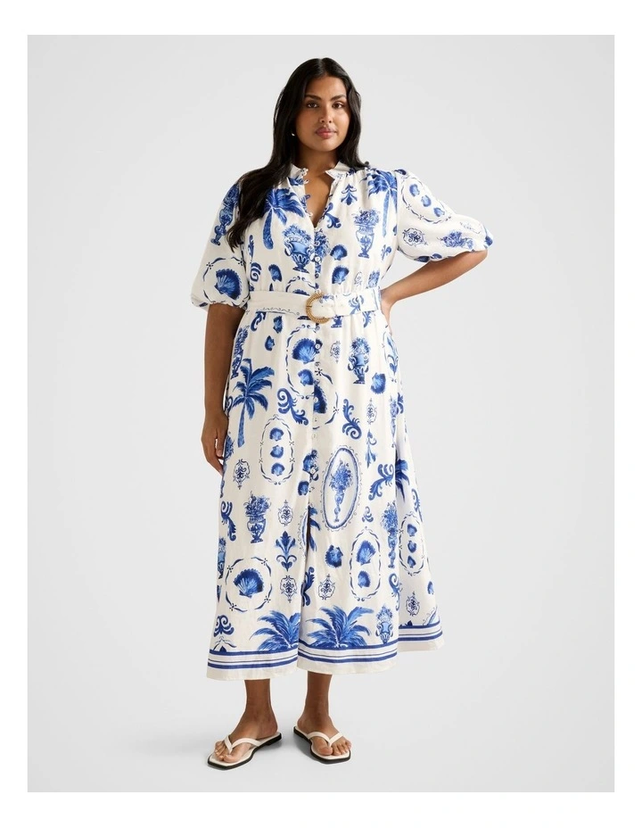 Claire Button Down Linen Midi Dress in White image 1