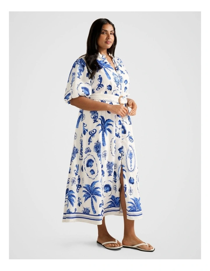 Claire Button Down Linen Midi Dress in White image 3