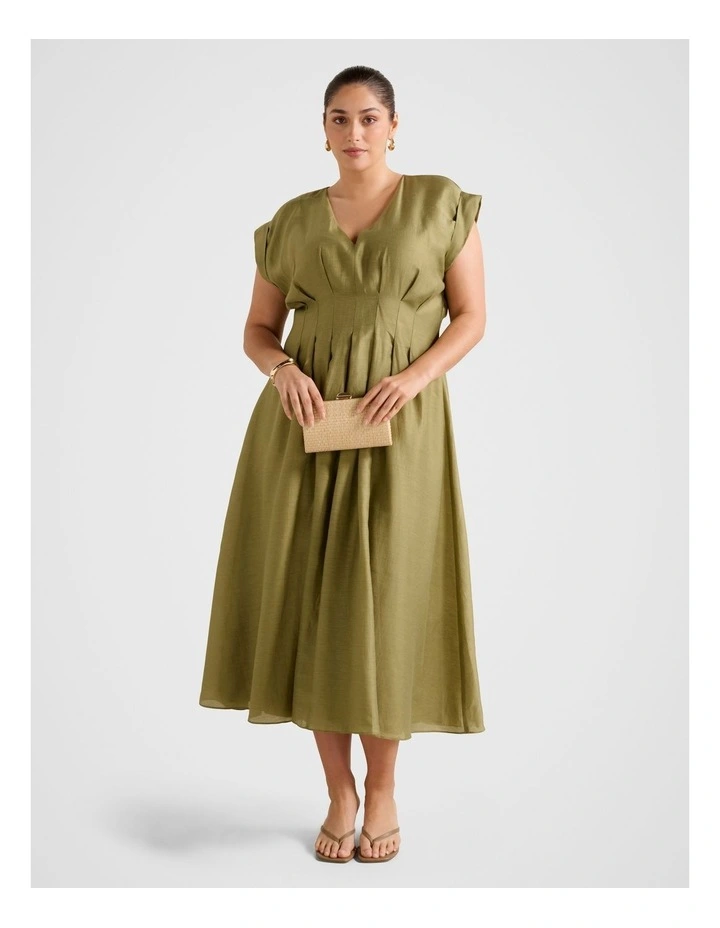 Alessandra Tucked Midi Dress in Green image 1