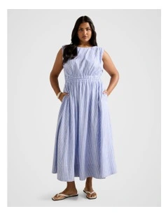Afina Extended Shoulder Midi Dress in Blue