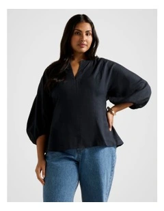 Lindy V Neck Linen Blouse in Navy