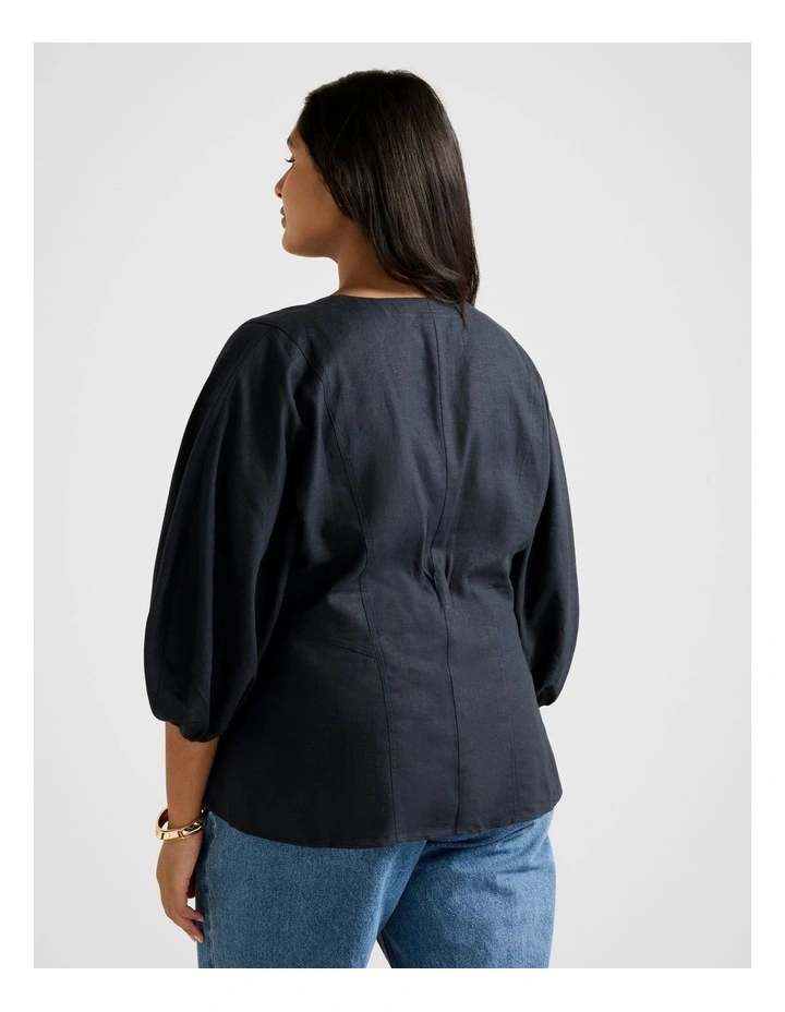 Lindy V Neck Linen Blouse in Navy image 2