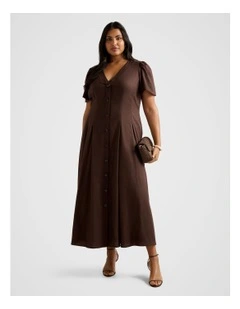 Sanna V-Neck Short Sleeves Midi Dress in Brown