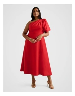Mattea One Shoulder Midi Dress in Red