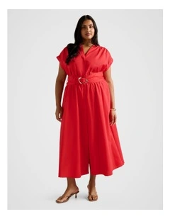 Joy Gathered Belted Midi Dress in Red