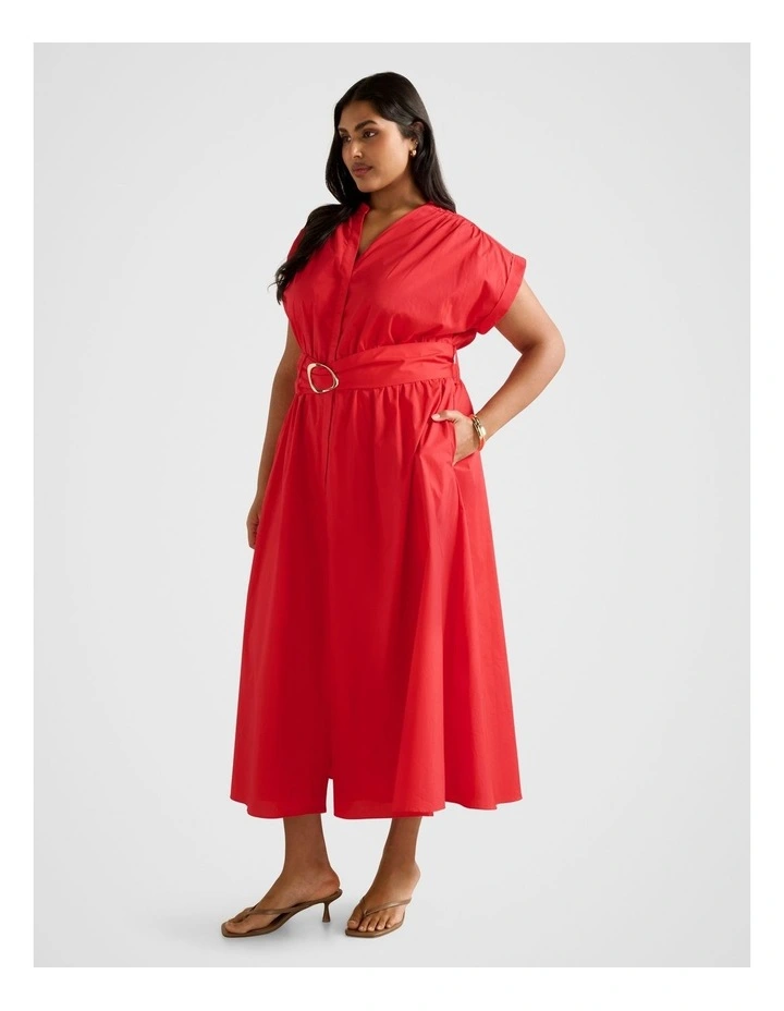 Joy Gathered Belted Midi Dress in Red image 3