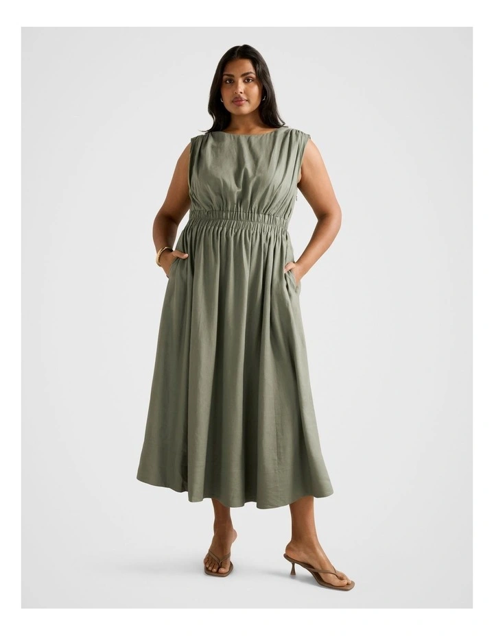 Afina Extended Shoulder Midi Dress in Green image 1