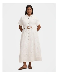 Valeria Short Sleeve Broderie Midi Dress in White