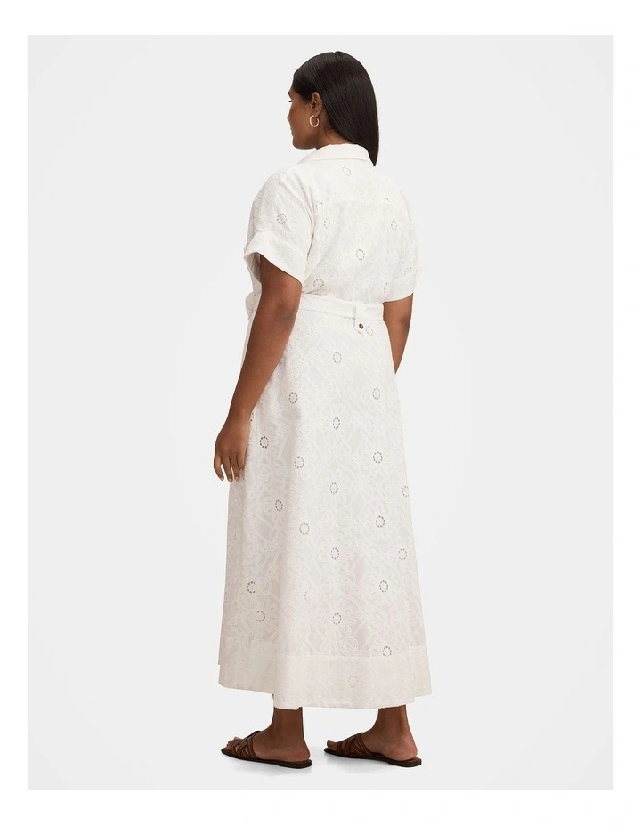 Valeria Short Sleeve Broderie Midi Dress in White image 2