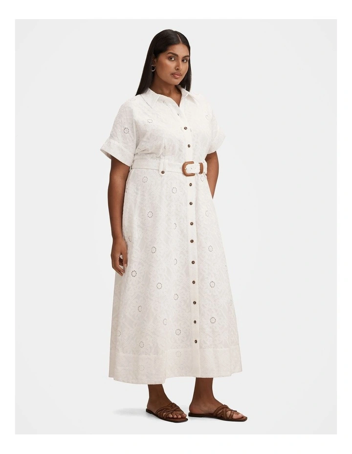 Valeria Short Sleeve Broderie Midi Dress in White image 3
