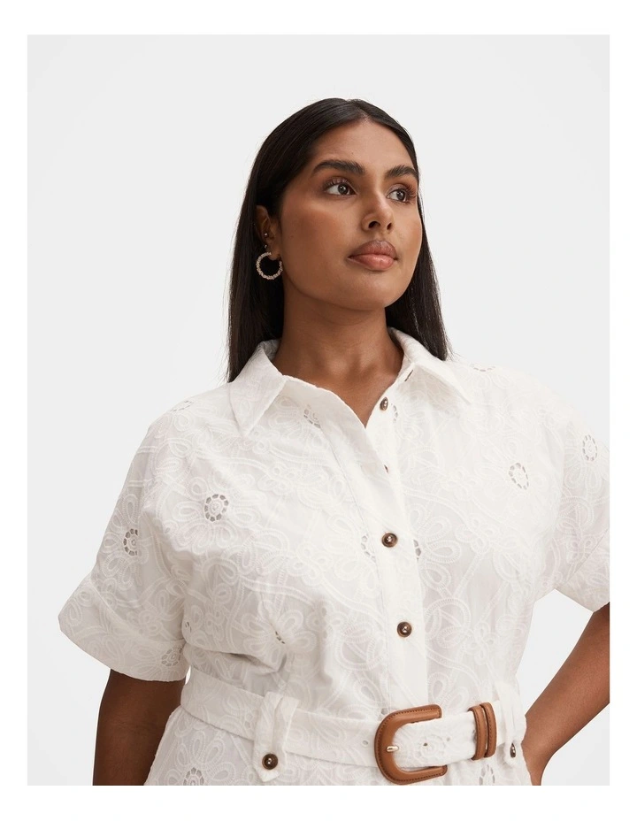 Valeria Short Sleeve Broderie Midi Dress in White image 4