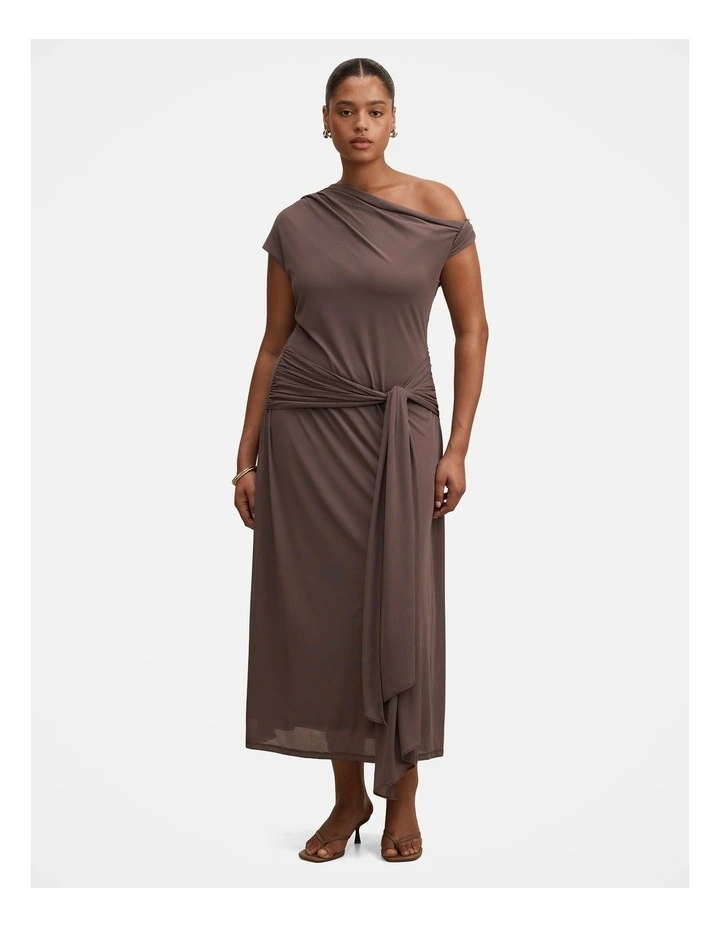 Piper Draped Tie Mesh Midi Dress in Brown image 1