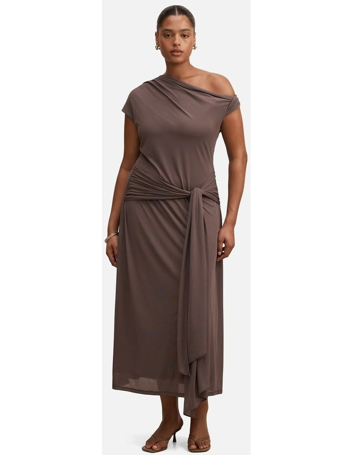 Piper Draped Tie Mesh Midi Dress in Brown image 1