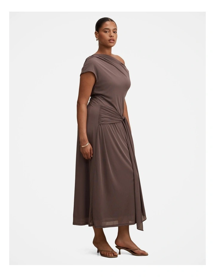 Piper Draped Tie Mesh Midi Dress in Brown image 3