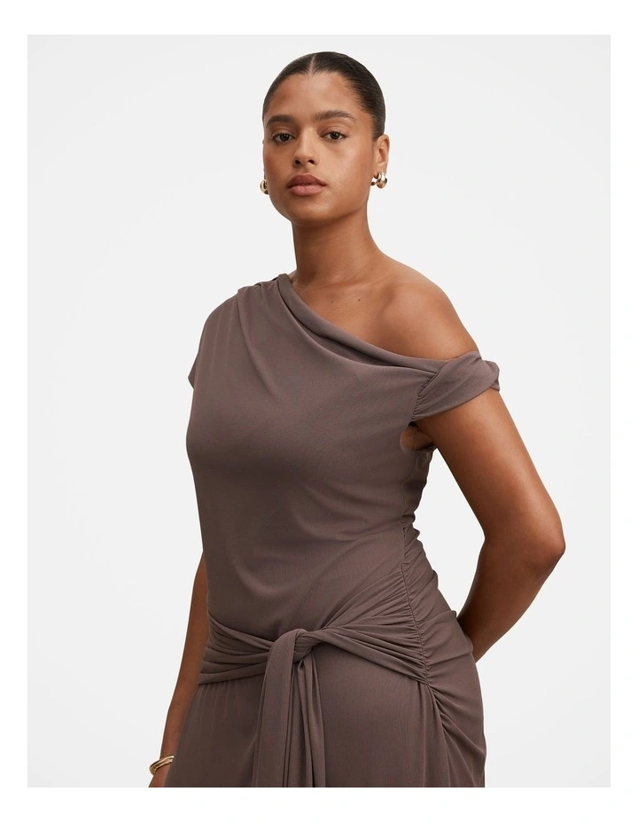 Piper Draped Tie Mesh Midi Dress in Brown image 4