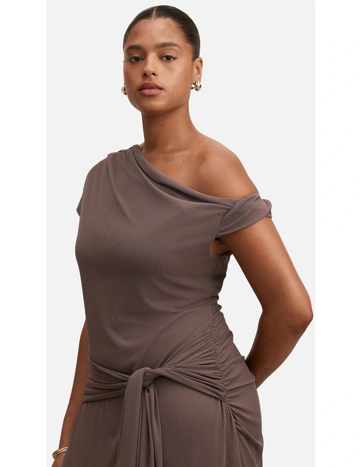 Piper Draped Tie Mesh Midi Dress in Brown image 4
