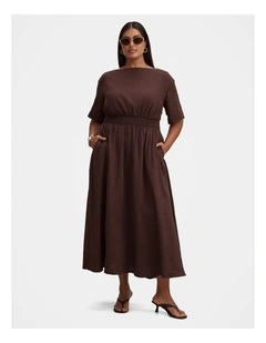 Mimi Elastic Waist Midi Dress in Brown