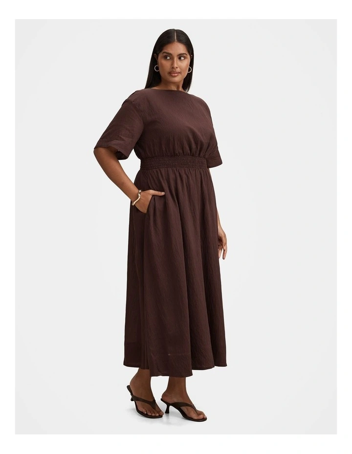 Mimi Elastic Waist Midi Dress in Brown image 3