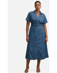 Josephine Short Sleeves Denim Dress in Blue