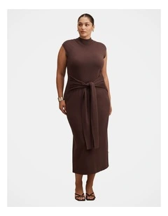 Margot Wrap Detail Knitted Midi Dress in Brown