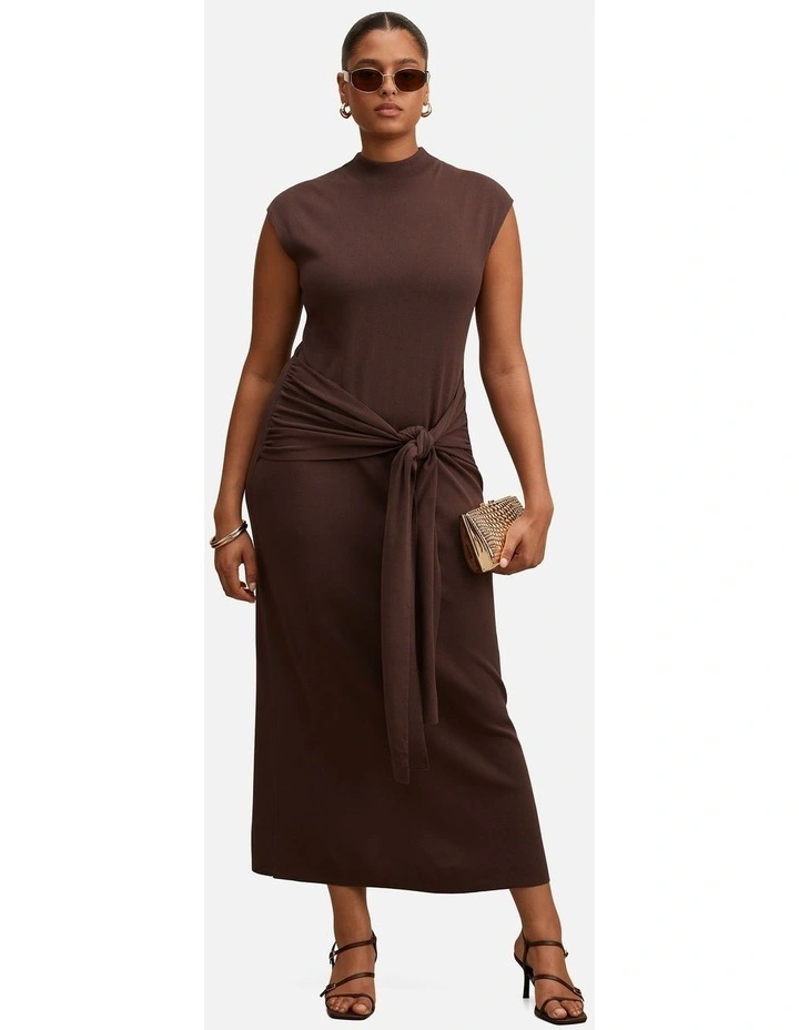 Margot Wrap Detail Knitted Midi Dress in Brown image 1