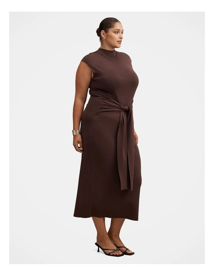 Margot Wrap Detail Knitted Midi Dress in Brown image 3