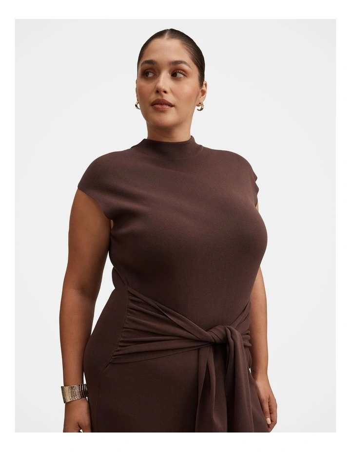 Margot Wrap Detail Knitted Midi Dress in Brown image 4