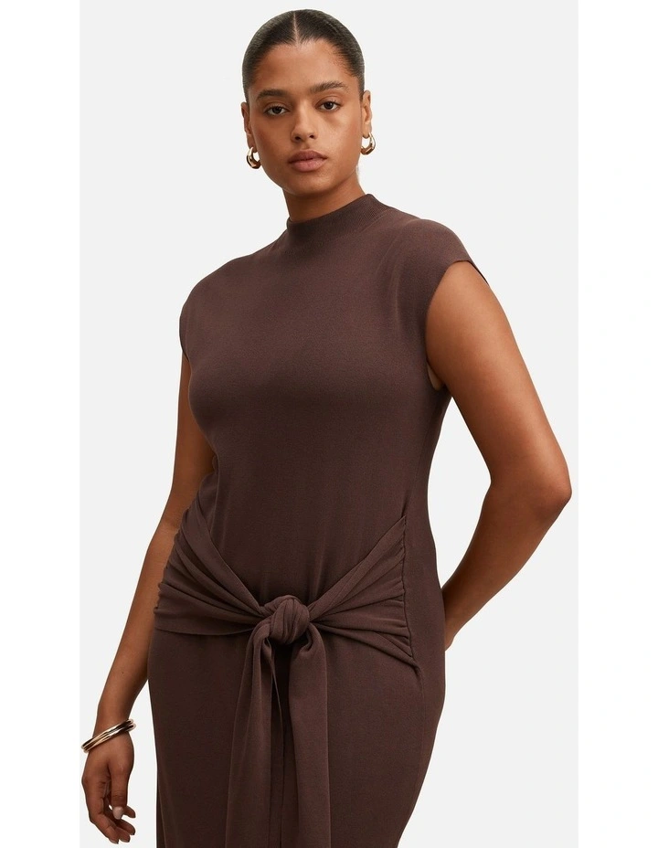 Margot Wrap Detail Knitted Midi Dress in Brown image 4
