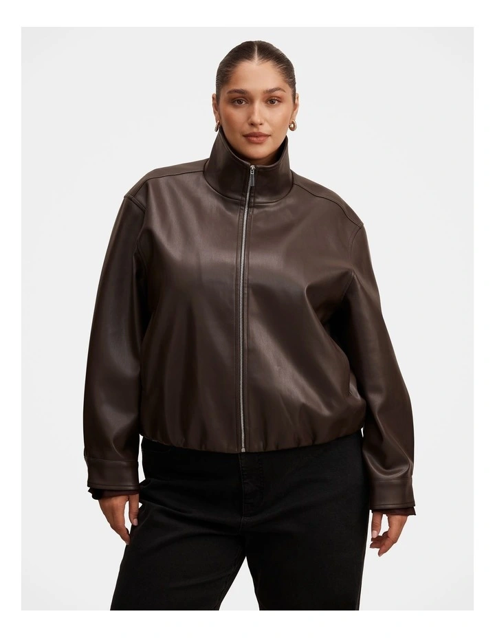 Julia Faux Leather Funnel Neck Jacket in Chocolate image 1