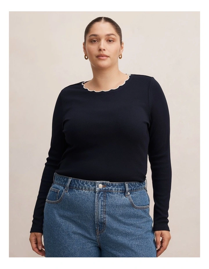 Rebecca Scallop Long Sleeves Top in Navy image 1