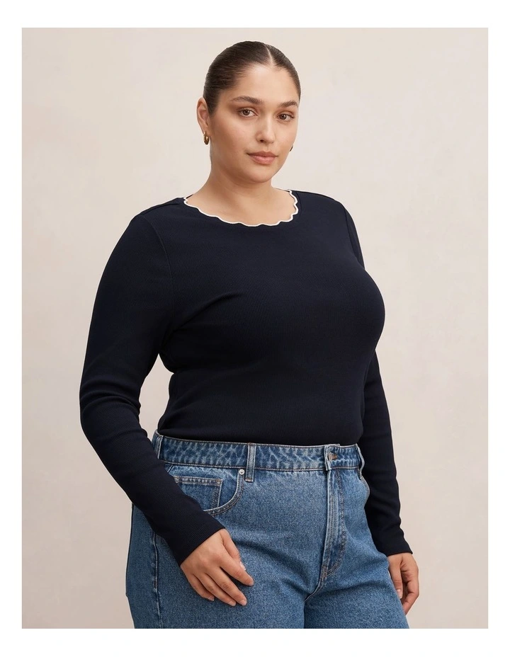 Rebecca Scallop Long Sleeves Top in Navy image 3