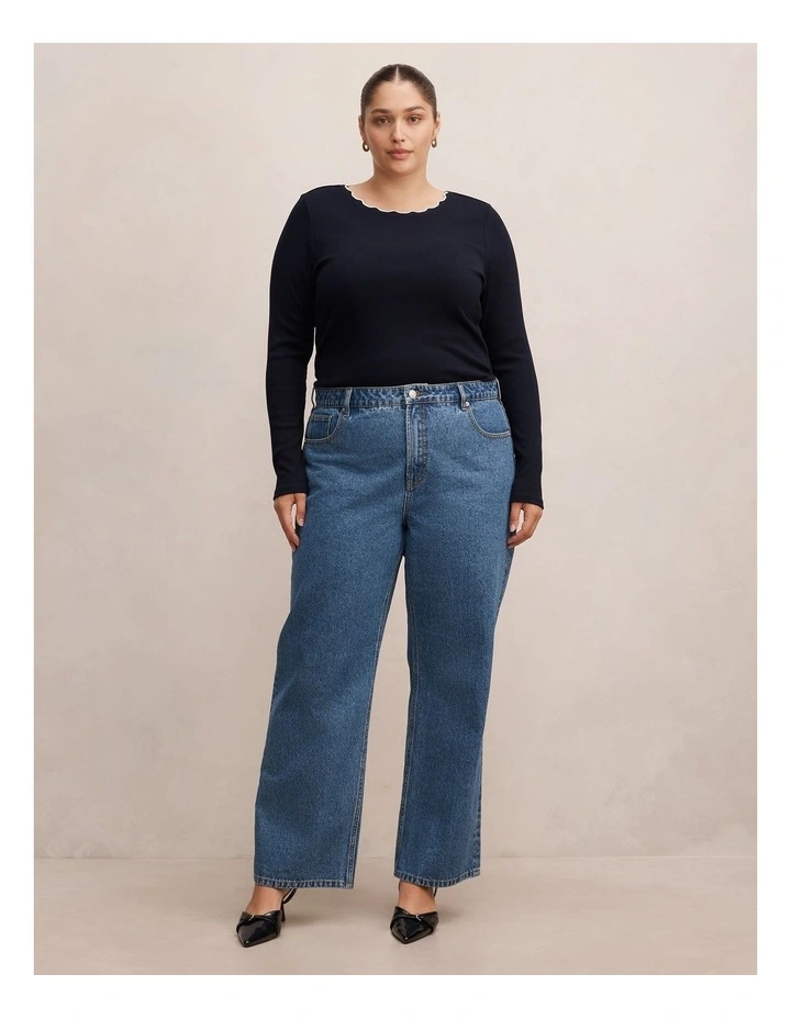 Rebecca Scallop Long Sleeves Top in Navy image 5